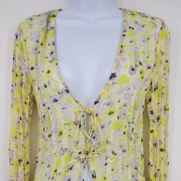 NWT H&M Yellow Floral Tie Sheer Fairy Top Shirt Small Spring Y2K Whimsigoth Flow - Picture 7 of 10
